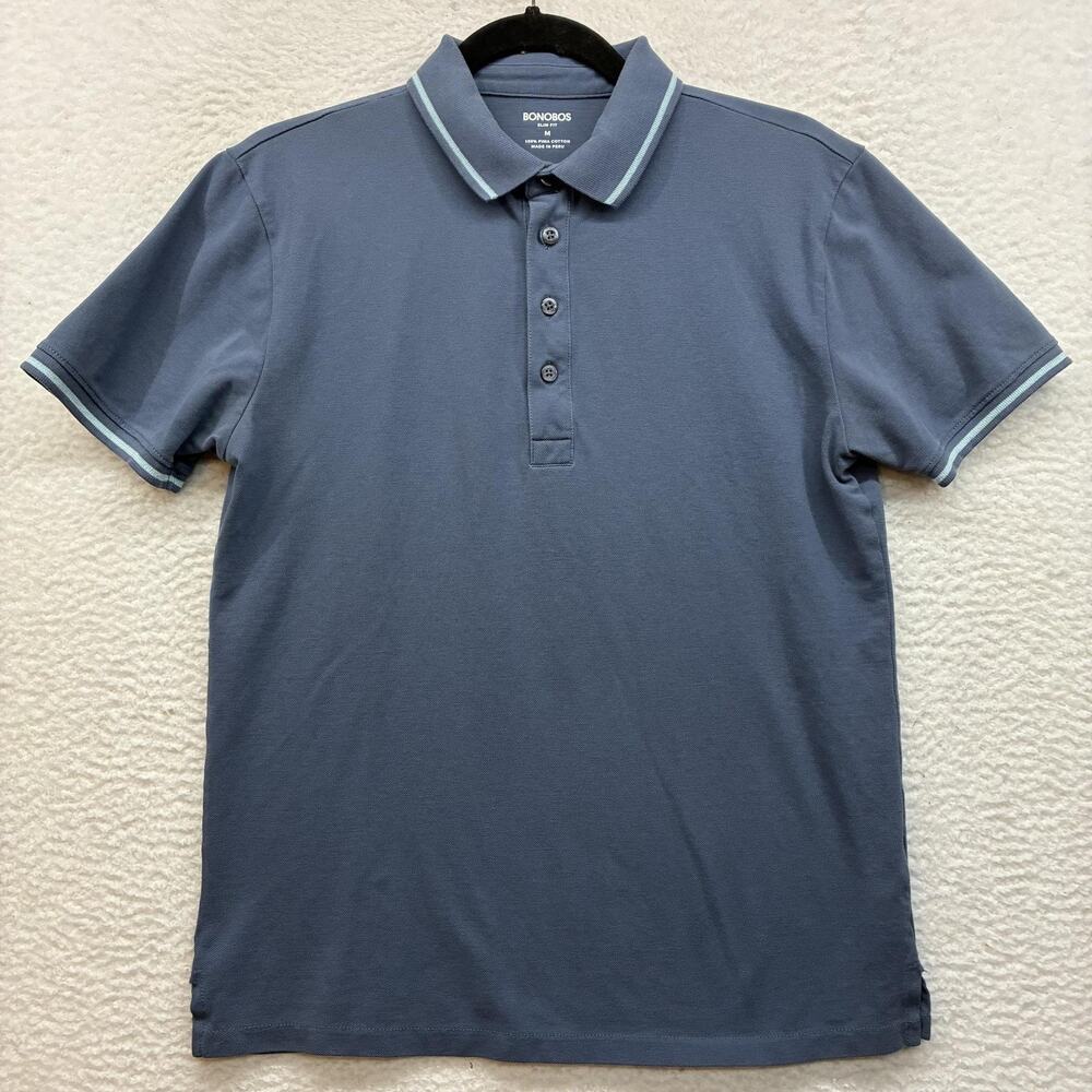 Bonobos Polo Shirt Mens Medium Blue Pima Cotton Slim Fit Knit Tipped Collar